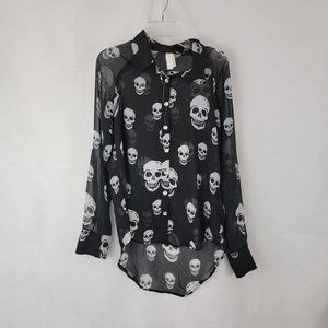 HALEY STARR Womens SMALL Blouse BLACK with White Skulls Sheer Button Up